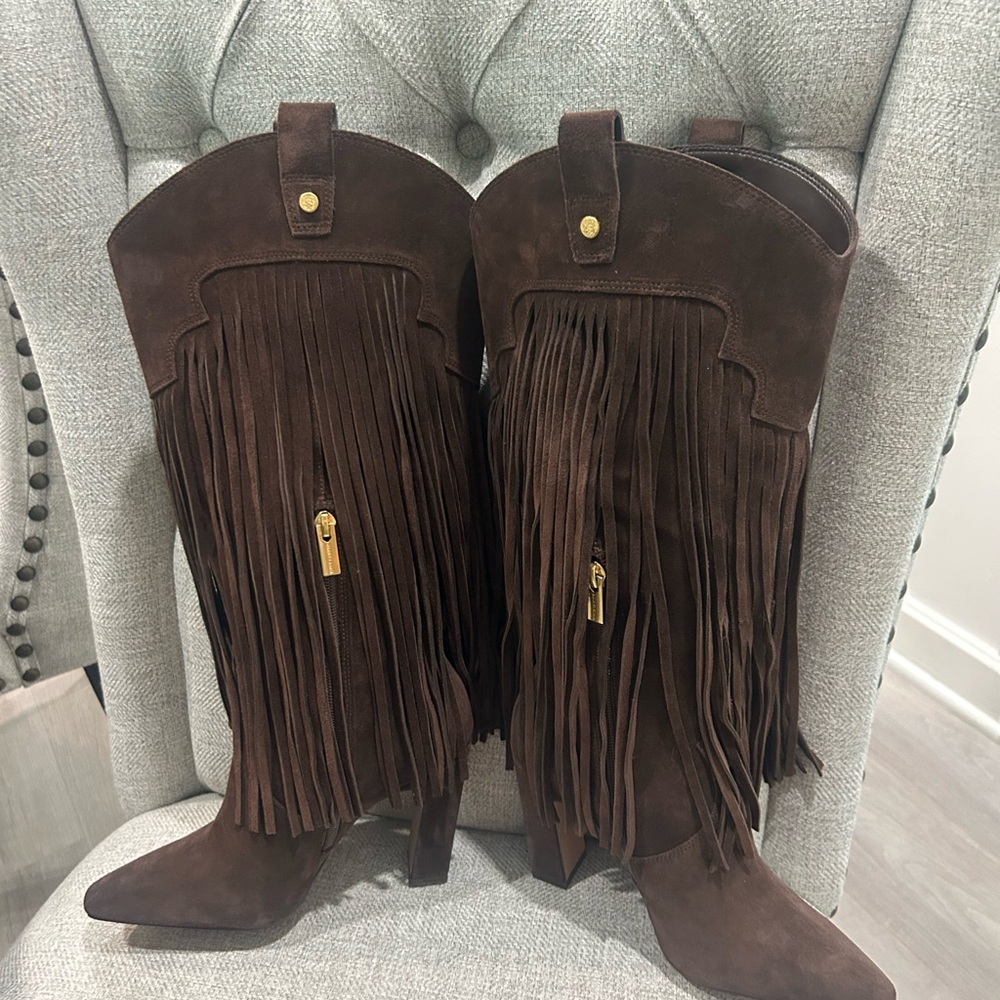 Vince Camuto Shela pointed fringe suede Brown heeled cowboy boots size 6 wide